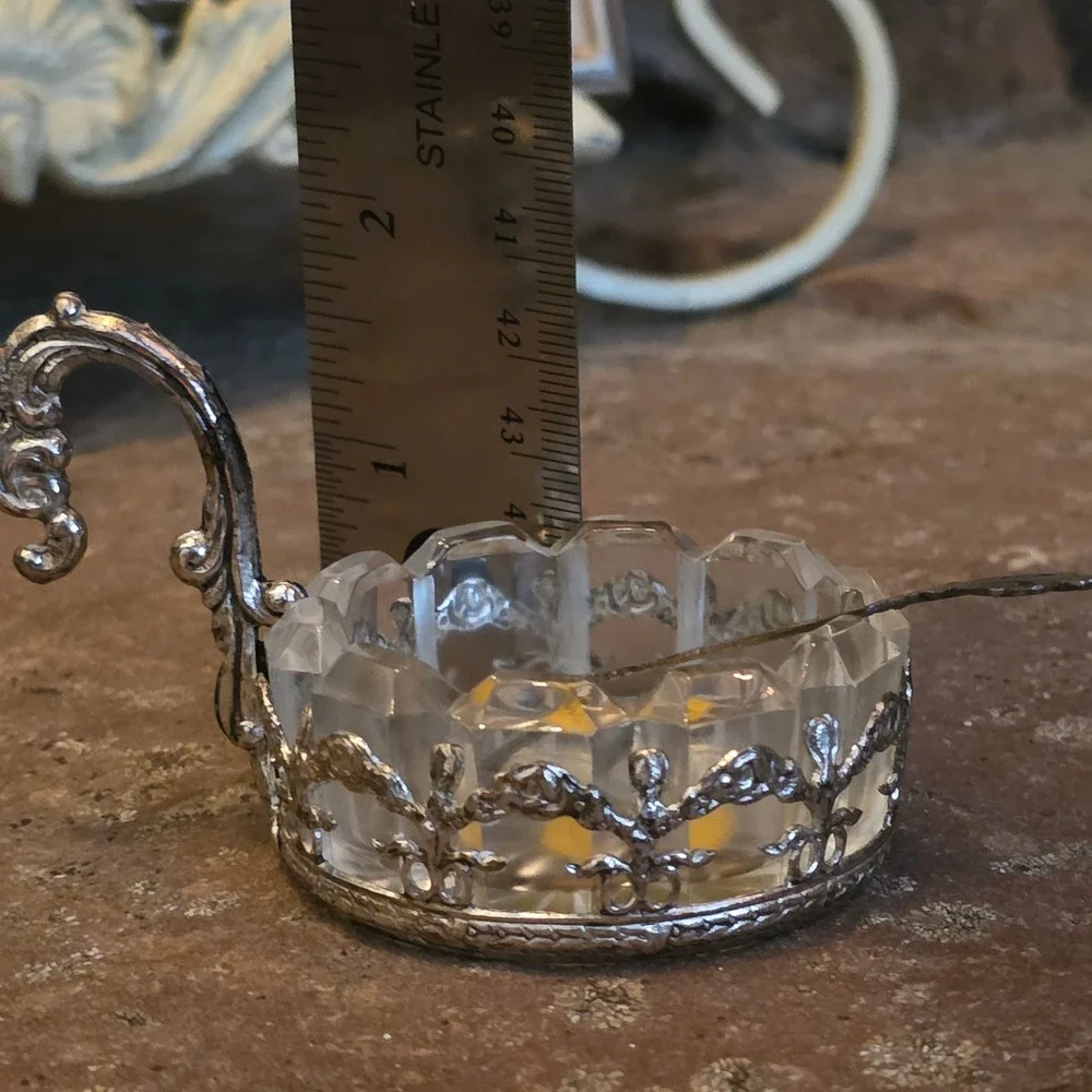Vintage OTCO Italy Crystal Salt Cellar with Silver Tone Holder and Shell Spoon